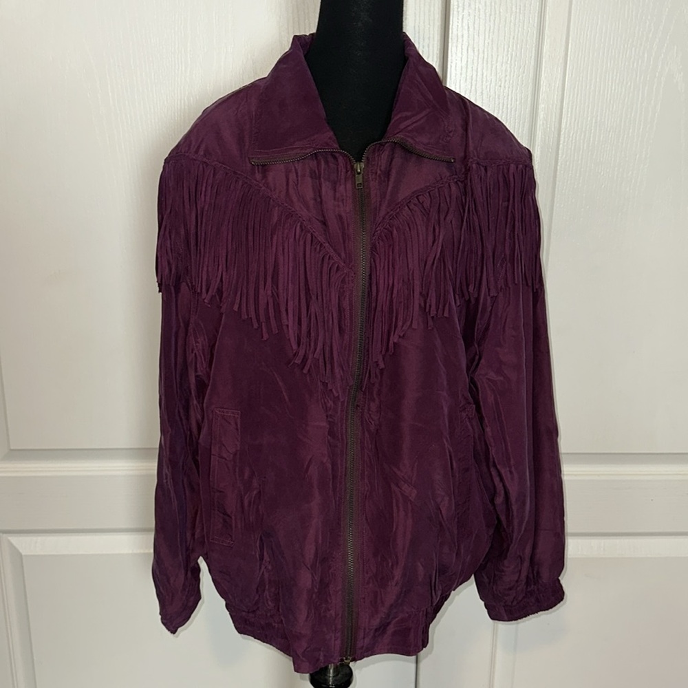 VTG SILK DARK PURPLE FRINGE WINDBREAKER ZIP UP JACKET